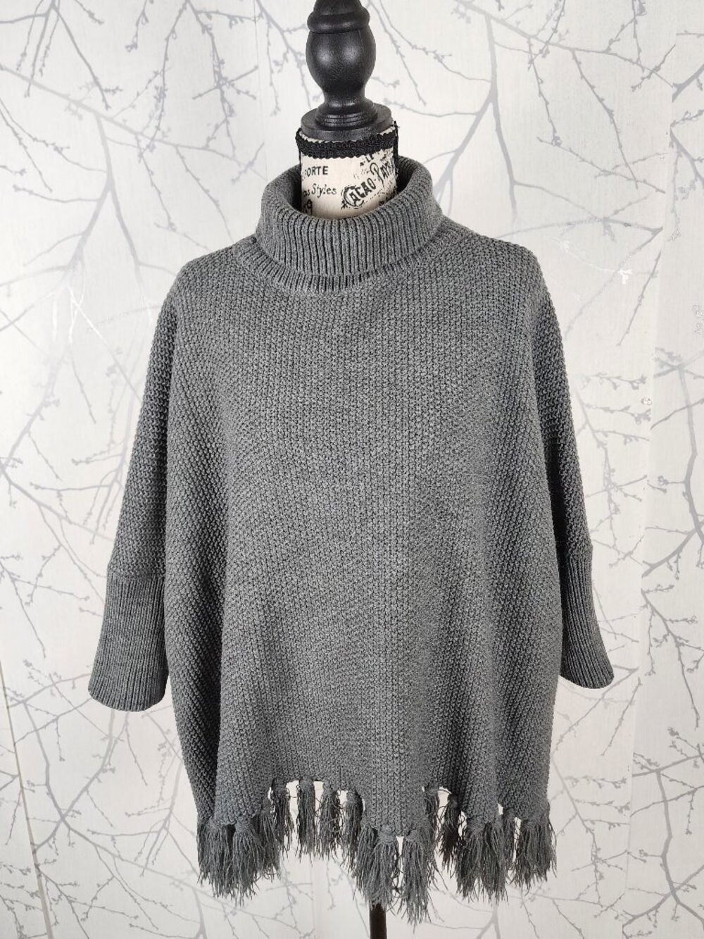 Urban Outfitters Gray Chunky Knit Turtleneck Fringe Poncho
